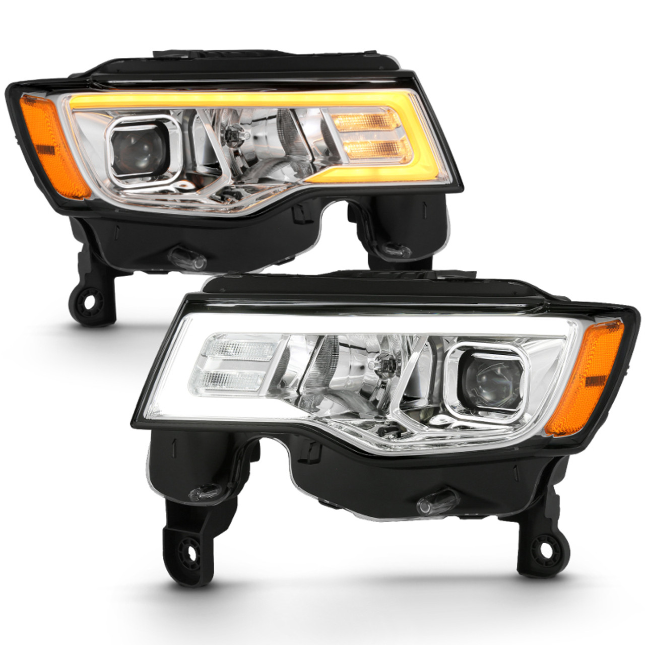 ANZO 2017-2018 Jeep Grand Cherokee Projector Headlights w/ Plank Style Switchback - Chrome w/ Amber - 111419
