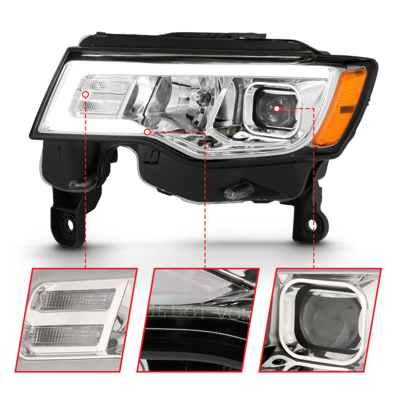 ANZO 2017-2018 Jeep Grand Cherokee Projector Headlights w/ Plank Style Switchback - Chrome w/ Amber - 111419