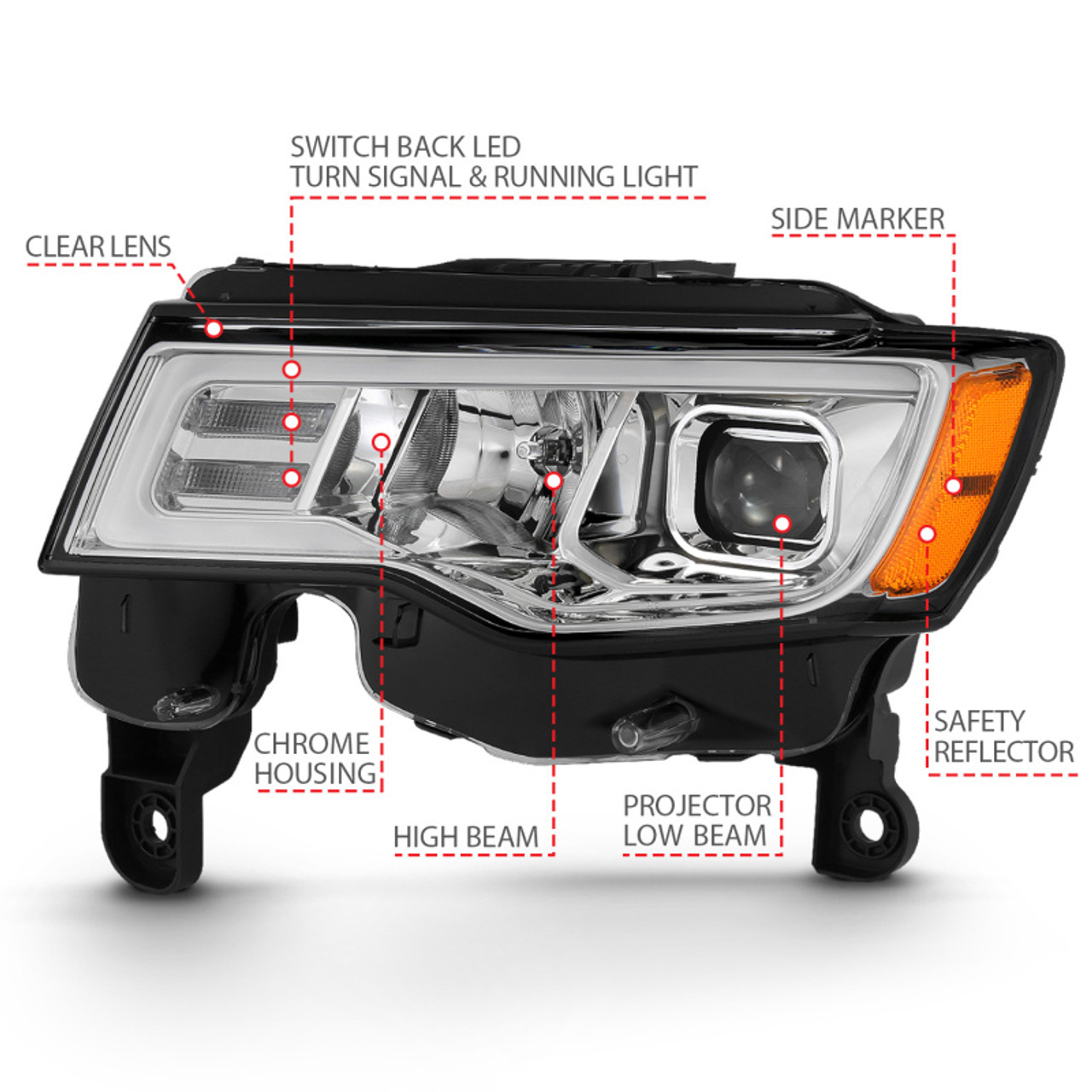 ANZO 2017-2018 Jeep Grand Cherokee Projector Headlights w/ Plank Style Switchback - Chrome w/ Amber - 111419