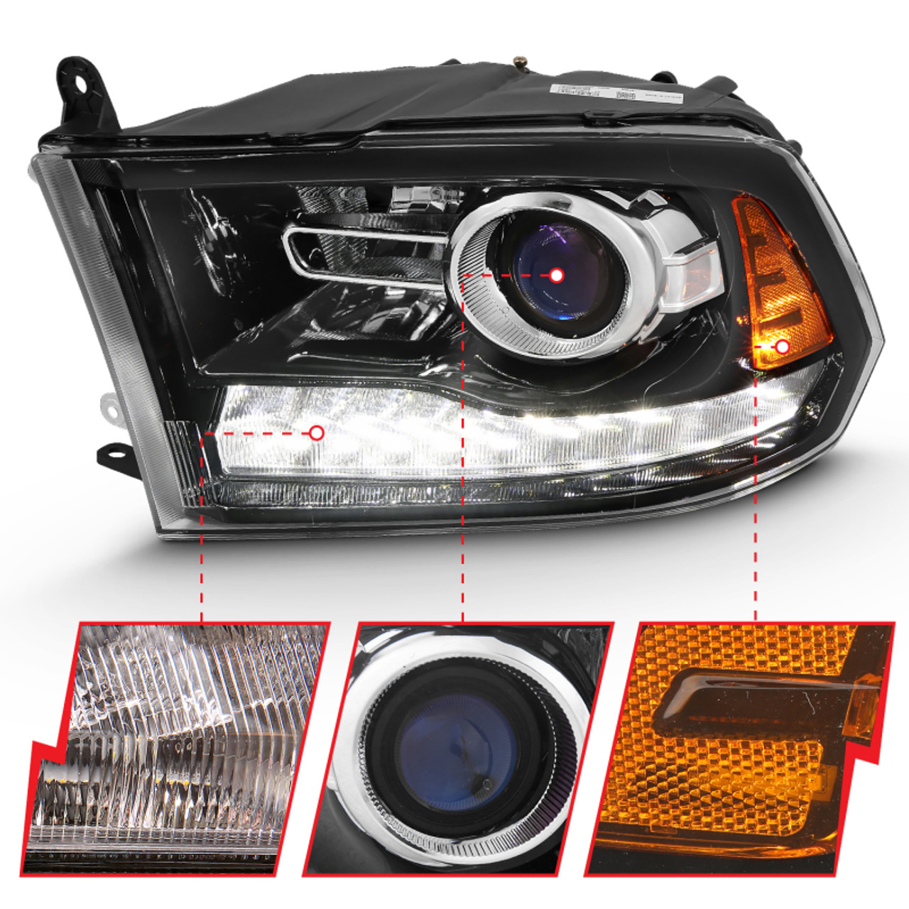 ANZO 2009-2018 Dodge Ram 1500 Projector Plank Style Switchback H.L Halo Black Amber (OE Style) - 111439