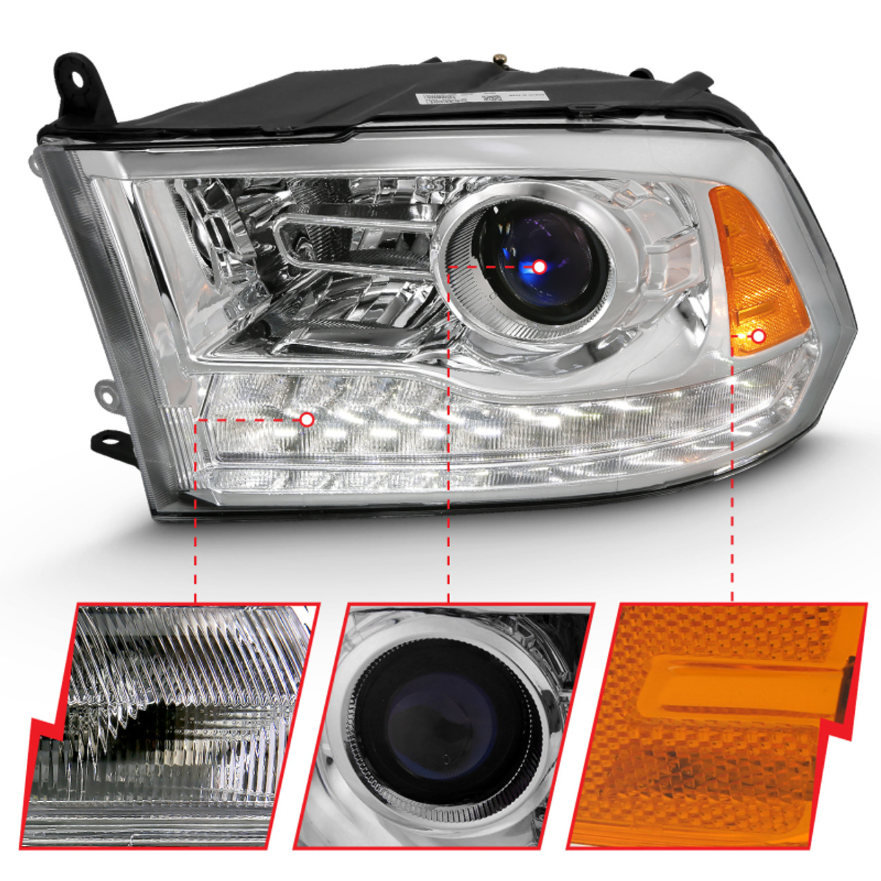 ANZO 2009-2018 Dodge Ram 1500 Projector Plank Style Switchback H.L Halo Chrome Amber (OE Style) - 111440