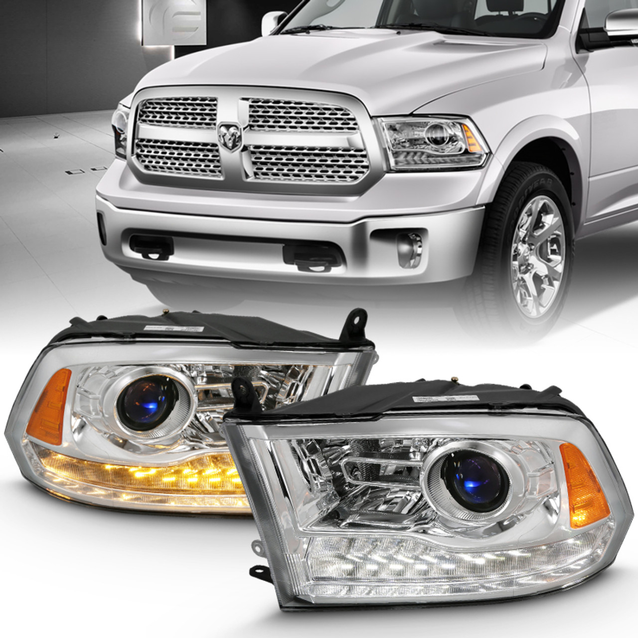 ANZO 2009-2018 Dodge Ram 1500 Projector Plank Style Switchback H.L Halo Chrome Amber (OE Style) - 111440