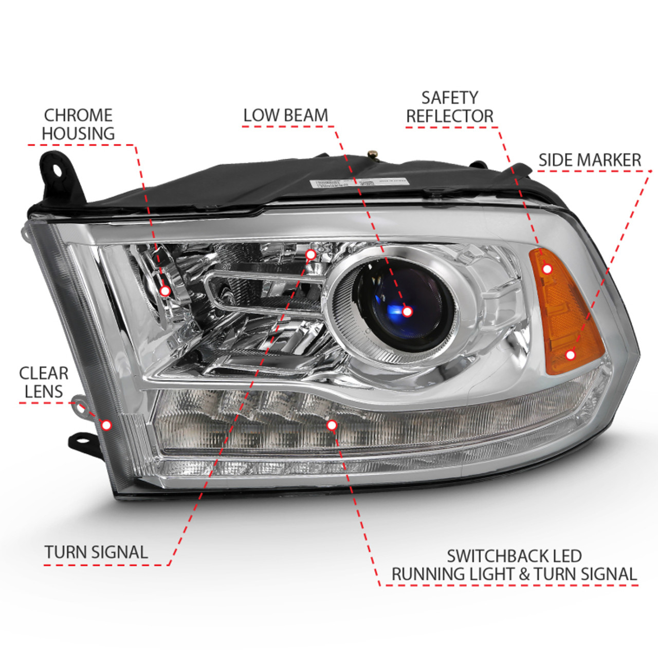 ANZO 2009-2018 Dodge Ram 1500 Projector Plank Style Switchback H.L Halo Chrome Amber (OE Style) - 111440