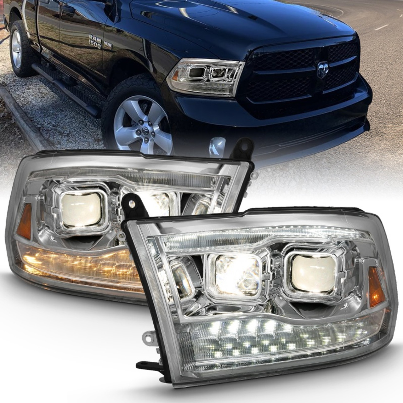 ANZO 2009-2018 Dodge Ram 1500 Projector H.L. Switchback Black Amber - 111441