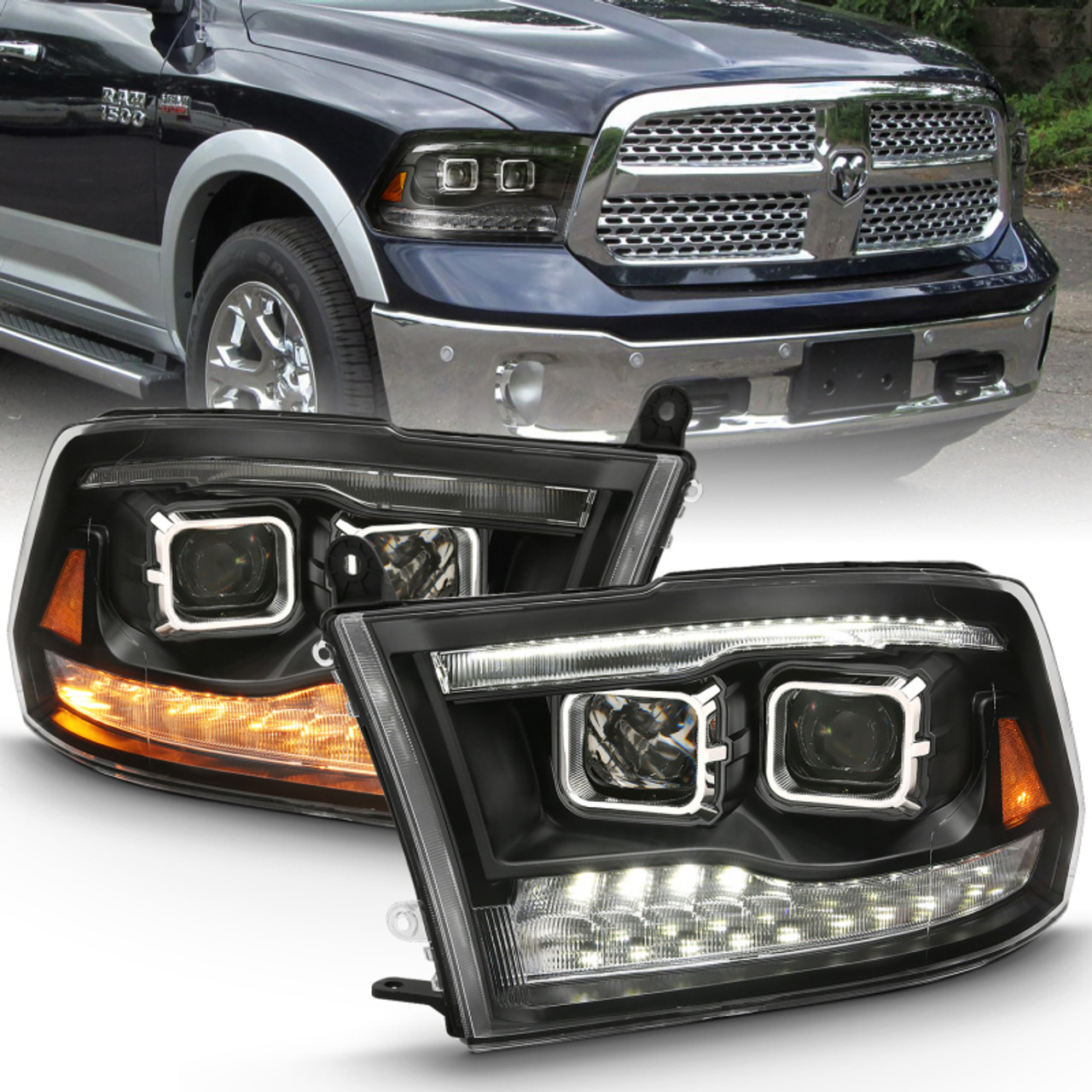 ANZO 2009-2018 Dodge Ram 1500 Projector H.L. Switchback Black Amber - 111441