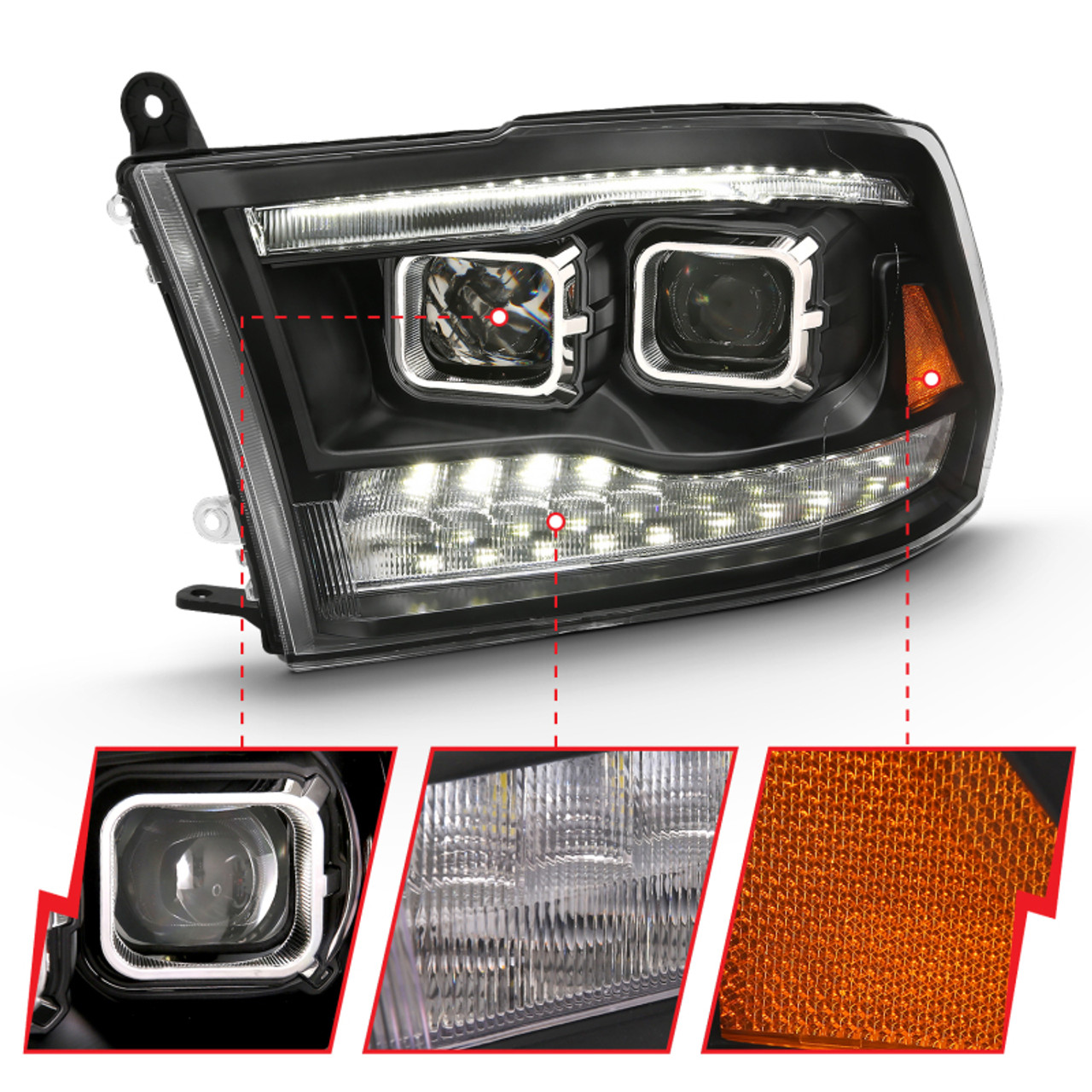 ANZO 2009-2018 Dodge Ram 1500 Projector H.L. Switchback Black Amber - 111441