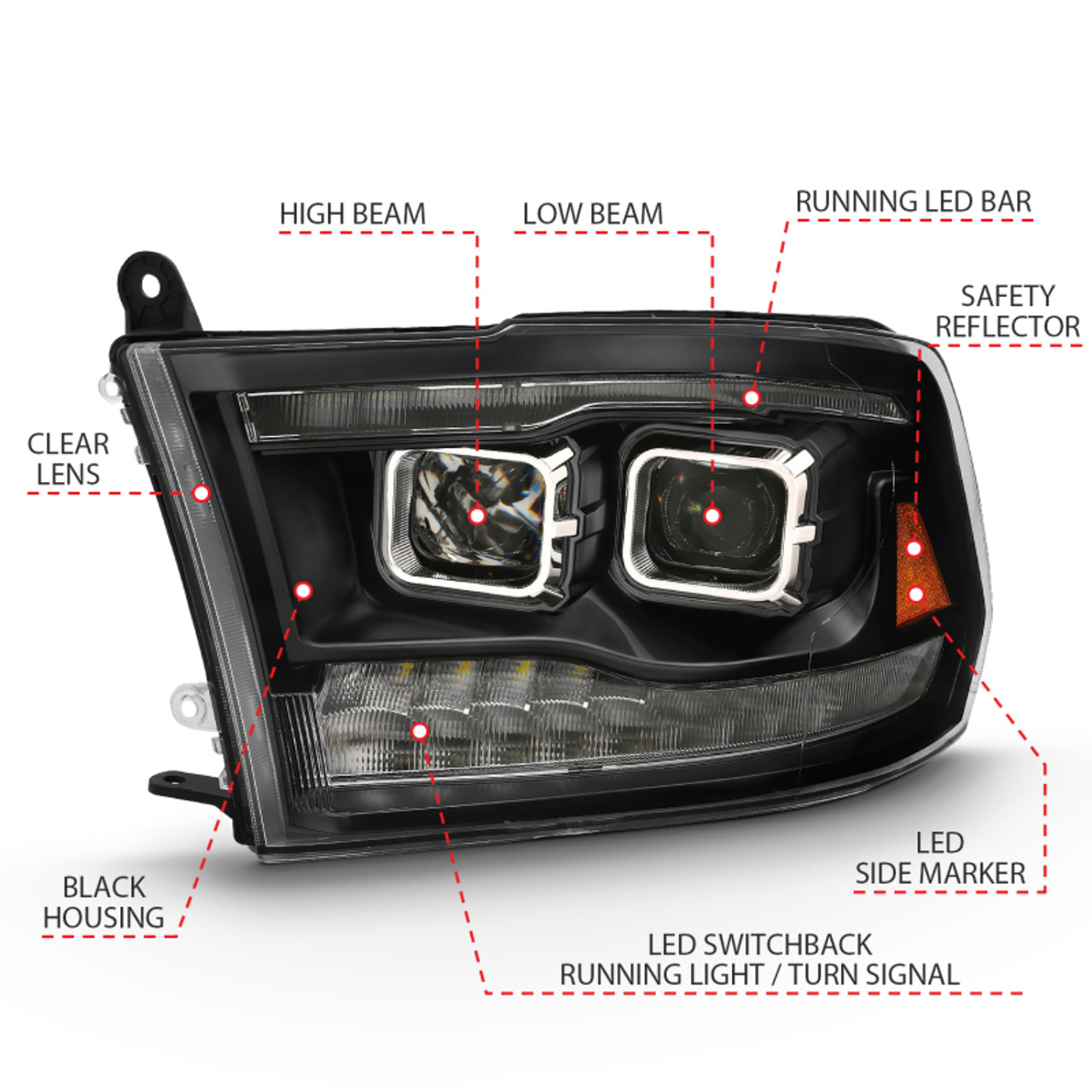 ANZO 2009-2018 Dodge Ram 1500 Projector H.L. Switchback Black Amber - 111441
