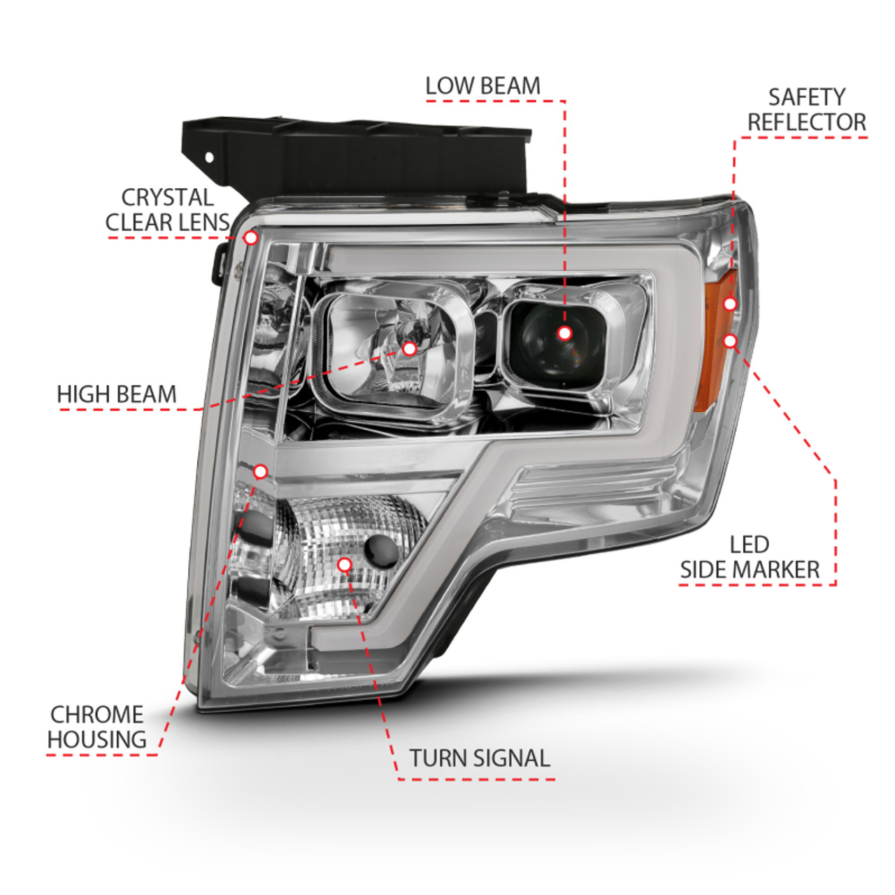 ANZO 2009-2014 Ford F-150 Projector Headlight Plank Style Chrome Amber - 111444