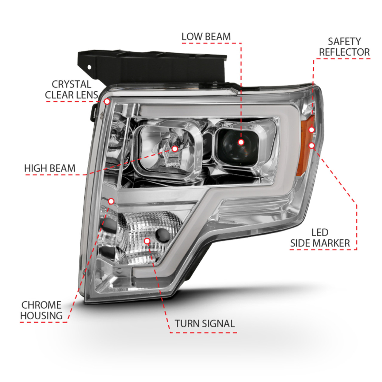 ANZO 2009-2014 Ford F-150 Projector Headlight Plank Style Chrome Amber - 111444