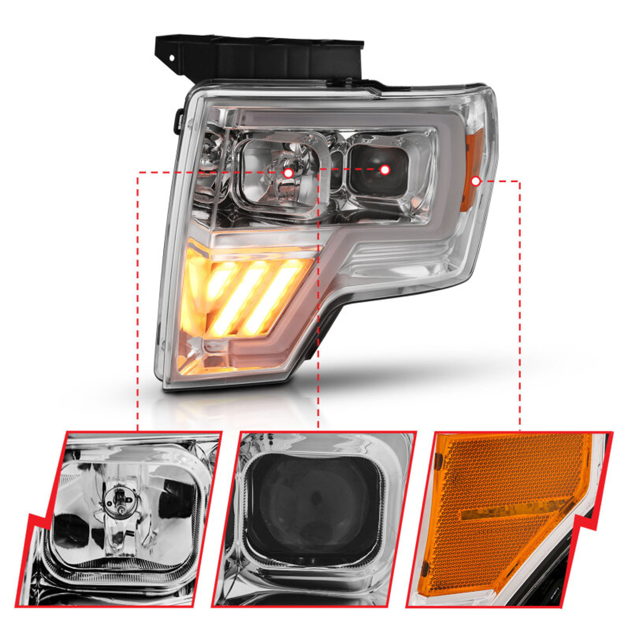ANZO 2009-2014 Ford F-150 Projector Headlight Chrome Amber - 111446