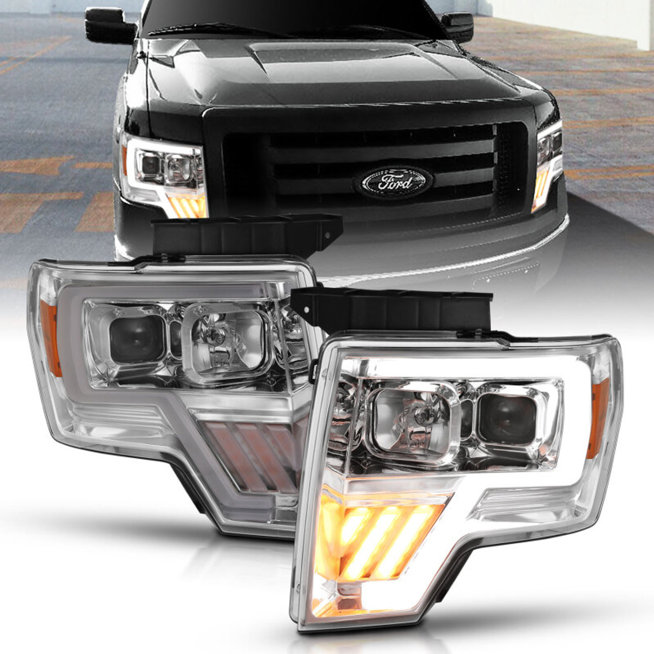 ANZO 2009-2014 Ford F-150 Projector Headlight Chrome Amber - 111446
