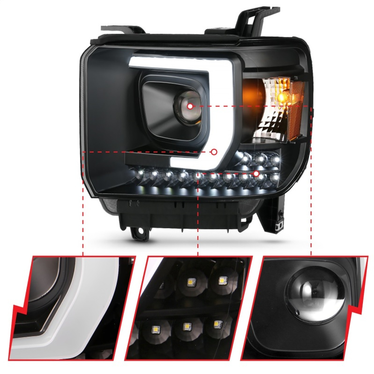 ANZO 2014-2015 Gmc Sierra 1500HD Projector Plank Style Headlight Black W/ Drl - 111450