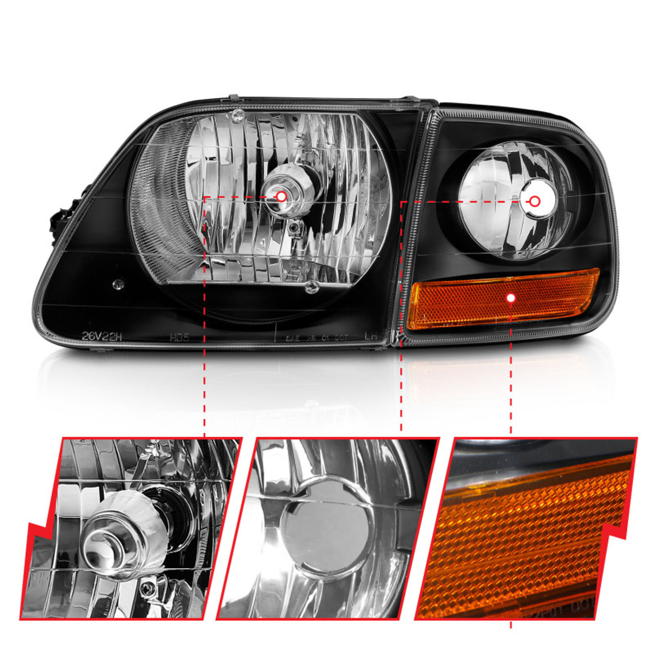 ANZO 1997-2003 Ford F150 Crystal Headlight Black w/ Parking Light - 111460