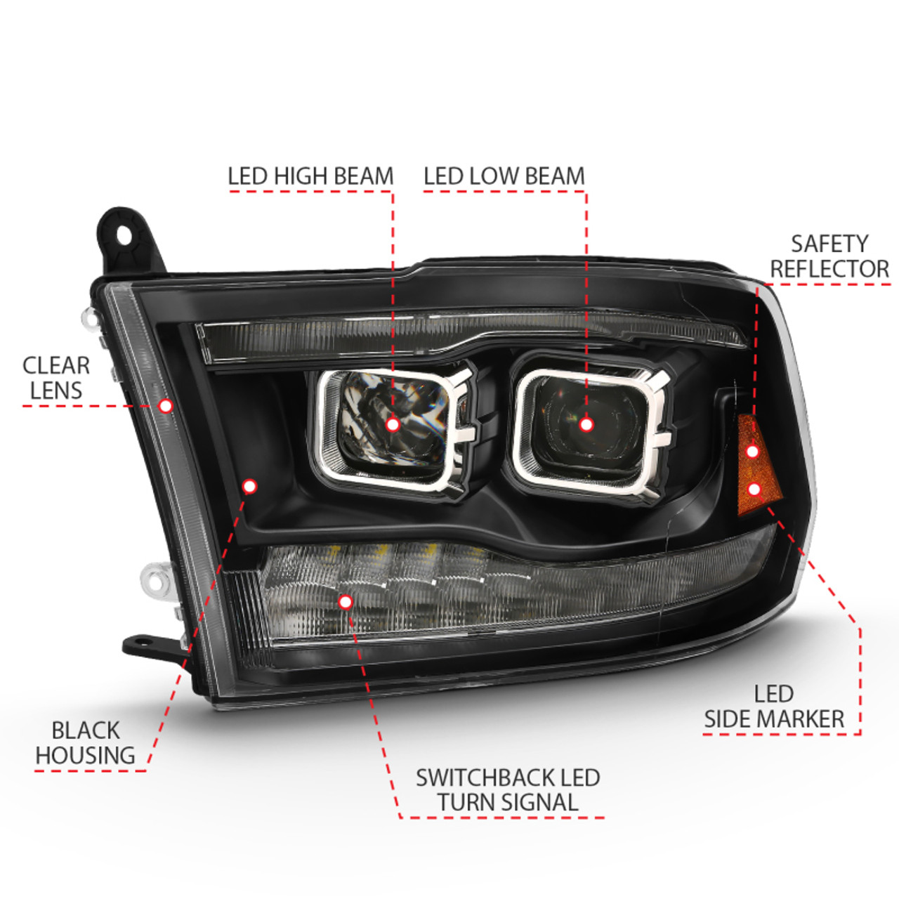 ANZO 2009-2018 Dodge Ram 1500 Led Projector Plank Style Switchback H.L Halo Black Amber (OE Style) - 111464