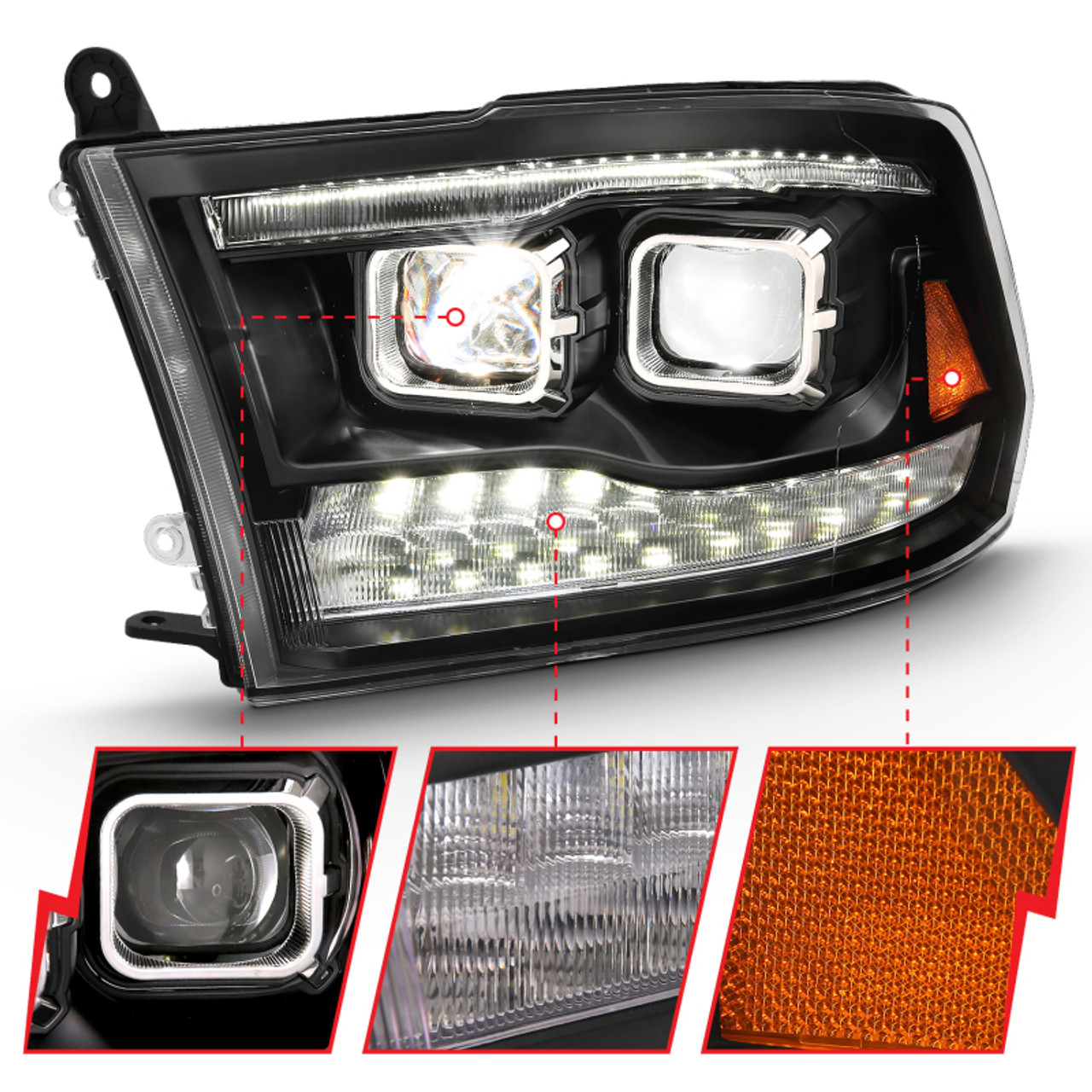ANZO 2009-2018 Dodge Ram 1500 Led Projector Plank Style Switchback H.L Halo Black Amber (OE Style) - 111464