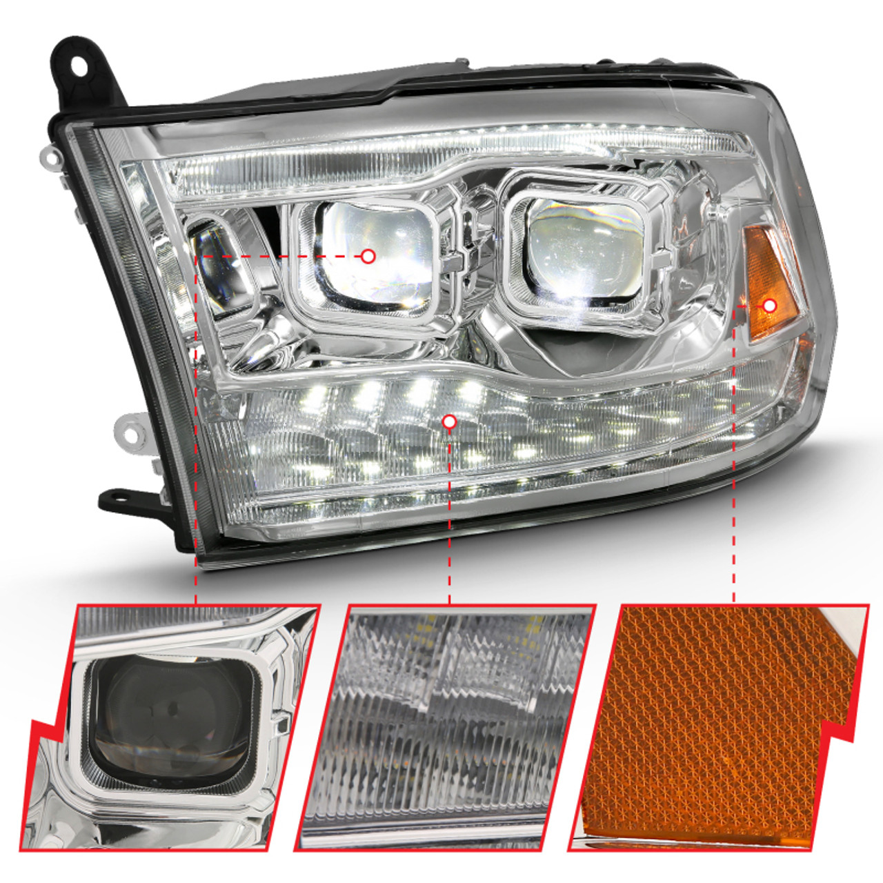 ANZO 2009-2018 Dodge Ram 1500 Led Projector Plank Style Switchback H.L Halo Chrome Amber (OE Style) - 111465