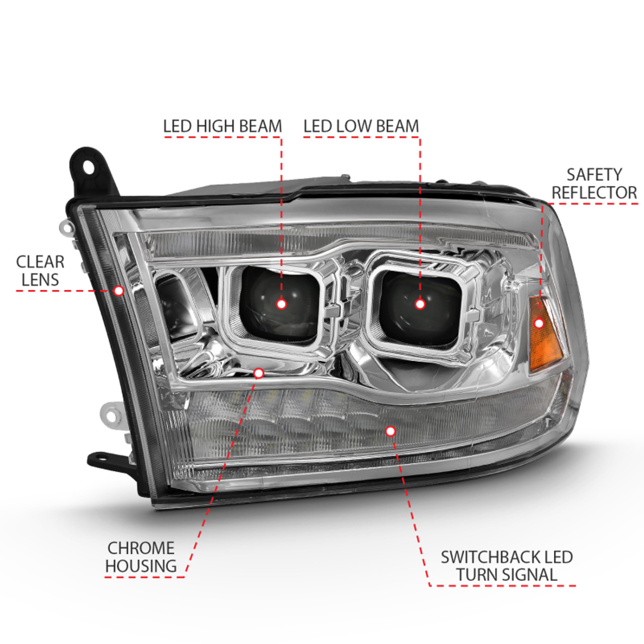 ANZO 2009-2018 Dodge Ram 1500 Led Projector Plank Style Switchback H.L Halo Chrome Amber (OE Style) - 111465