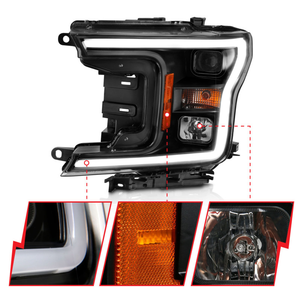 ANZO 2018-2019 Ford F-150 Projector Plank Style H.L. Black Amber (Without Switchback) - 111467