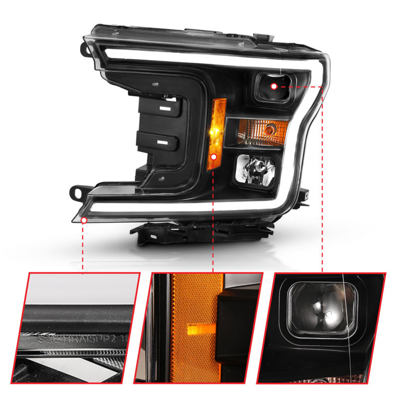 ANZO 2018-2019 Ford F-150 Projector Plank Style H.L. Black Amber (Without Switchback) - 111467