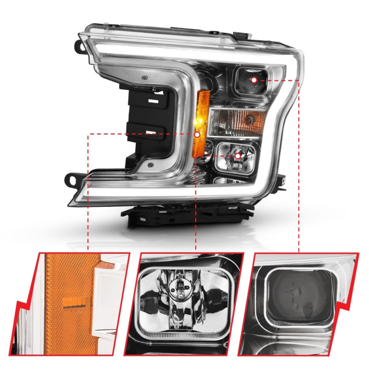 ANZO 2018-2019 Ford F-150 Projector Plank Style H.L. Chrome Amber (Without Switchback) - 111468