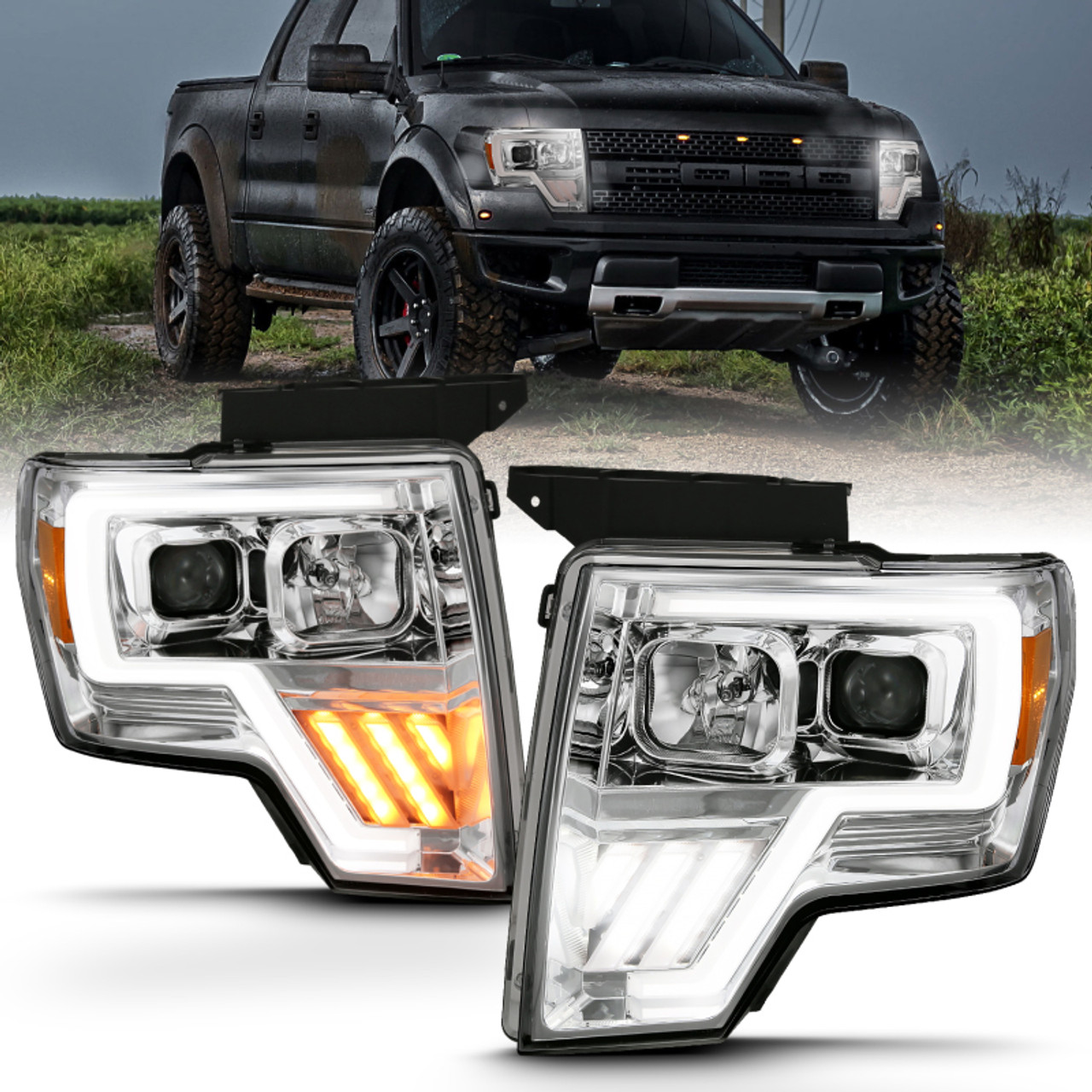 ANZO 2009-2013 Ford F-150 Projector Light Bar G4 Switchback H.L. Chrome Amber - 111470