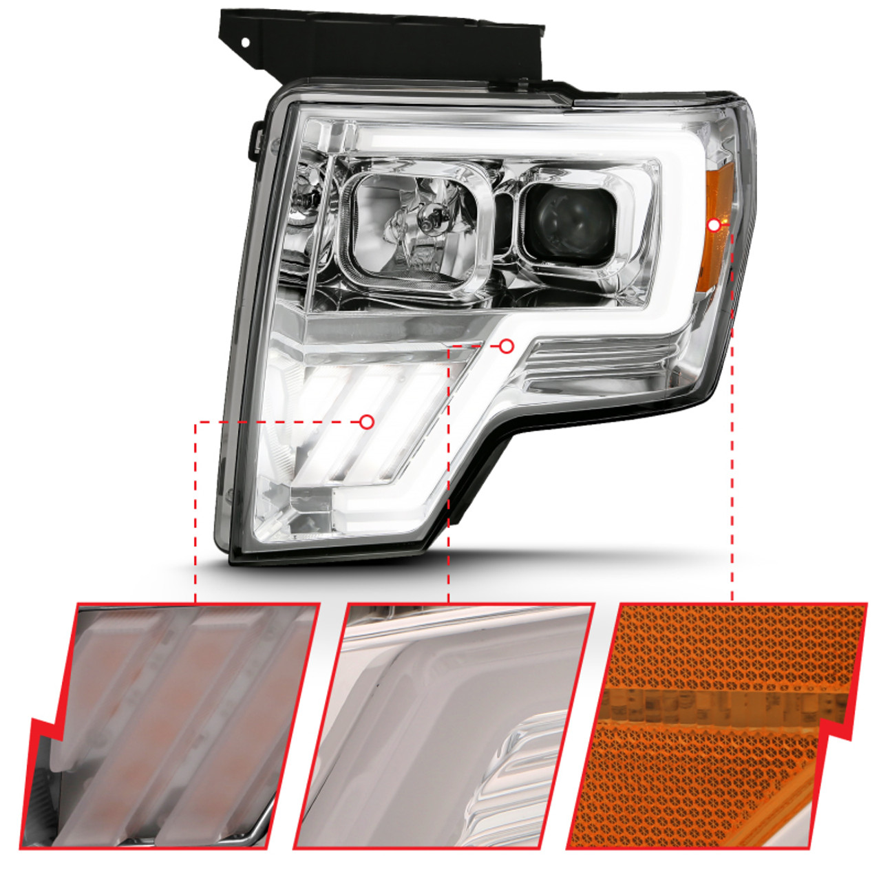 ANZO 2009-2013 Ford F-150 Projector Light Bar G4 Switchback H.L. Chrome Amber - 111470