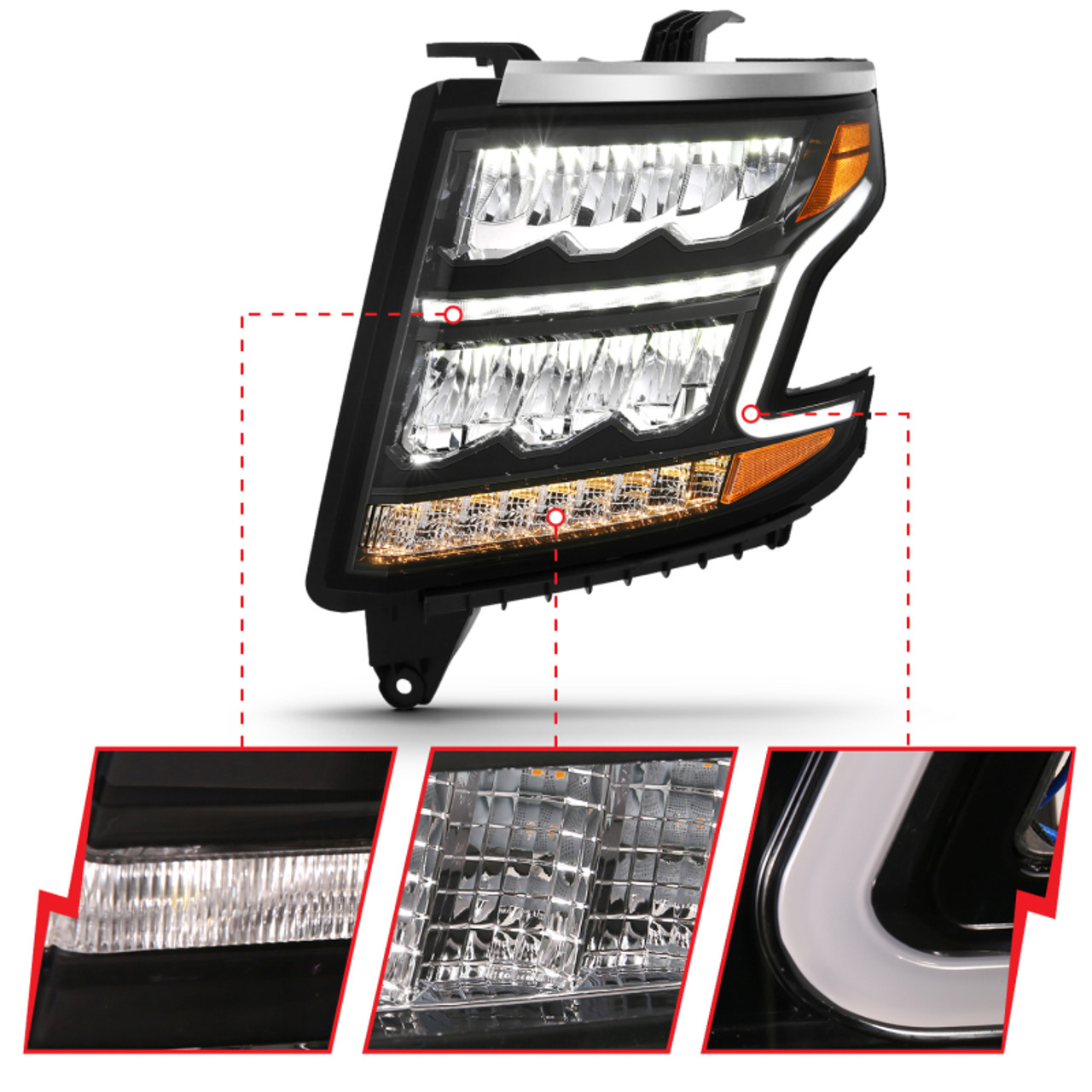 ANZO 15-20 Chevy Tahoe/Suburban LED Light Bar Style Headlights Black w/Sequential w/DRL w/Amber - 111478