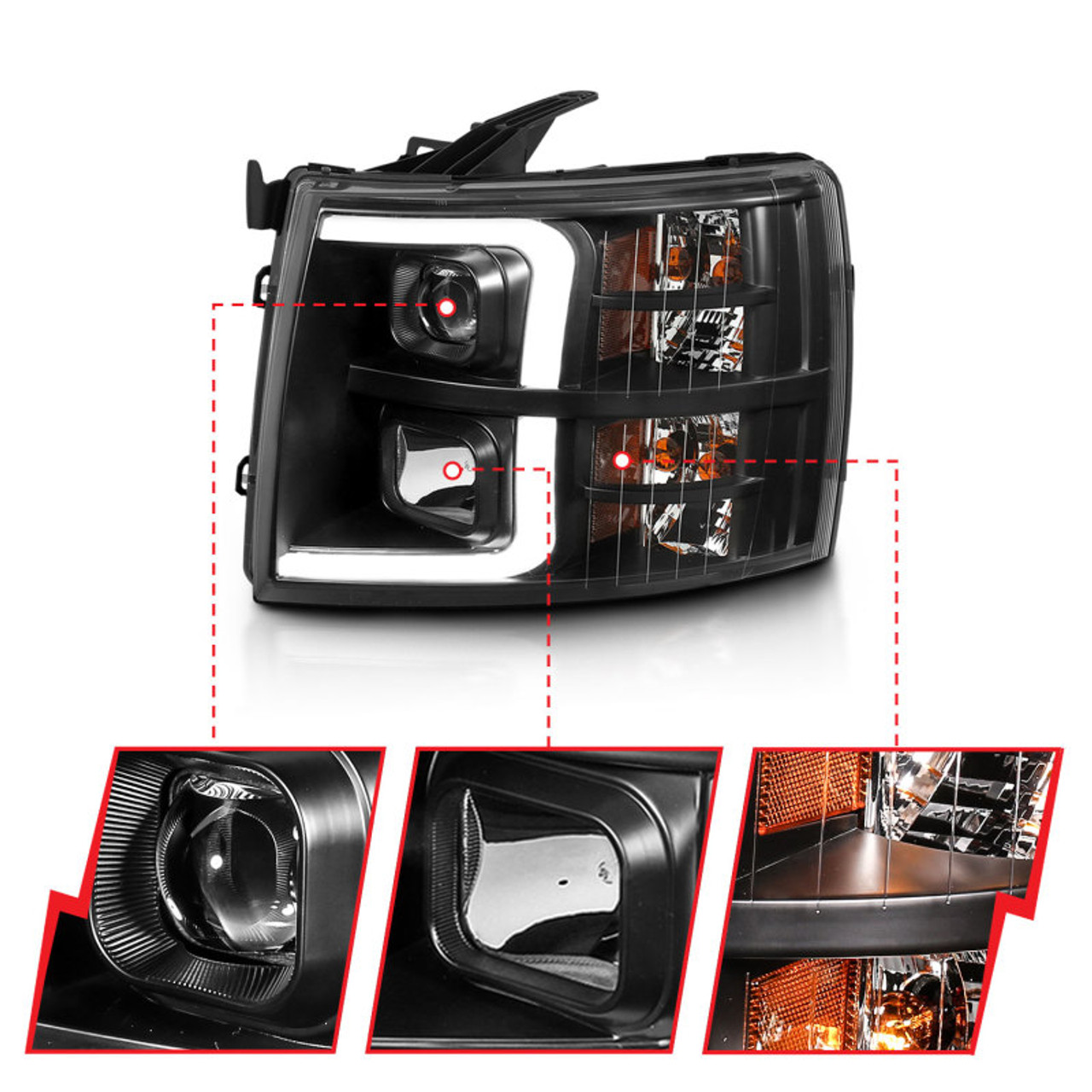 ANZO 07-13 Chevrolet Silverado 3500 Projector Headlights - Black Amber - 111480