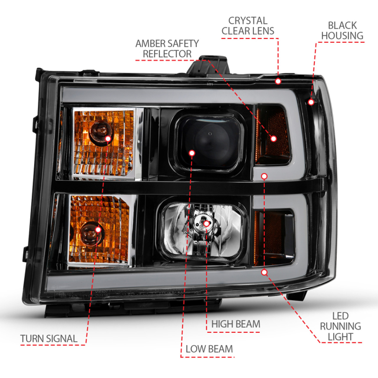ANZO 2007-2013 Gmc Sierra 1500 Projector Headlight Plank Style Black w/ Clear Lens Amber - 111482
