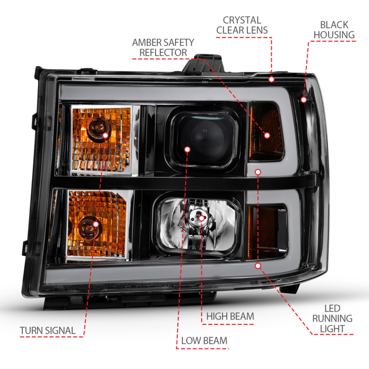ANZO 2007-2013 Gmc Sierra 1500 Projector Headlight Plank Style Black w/ Clear Lens Amber - 111482