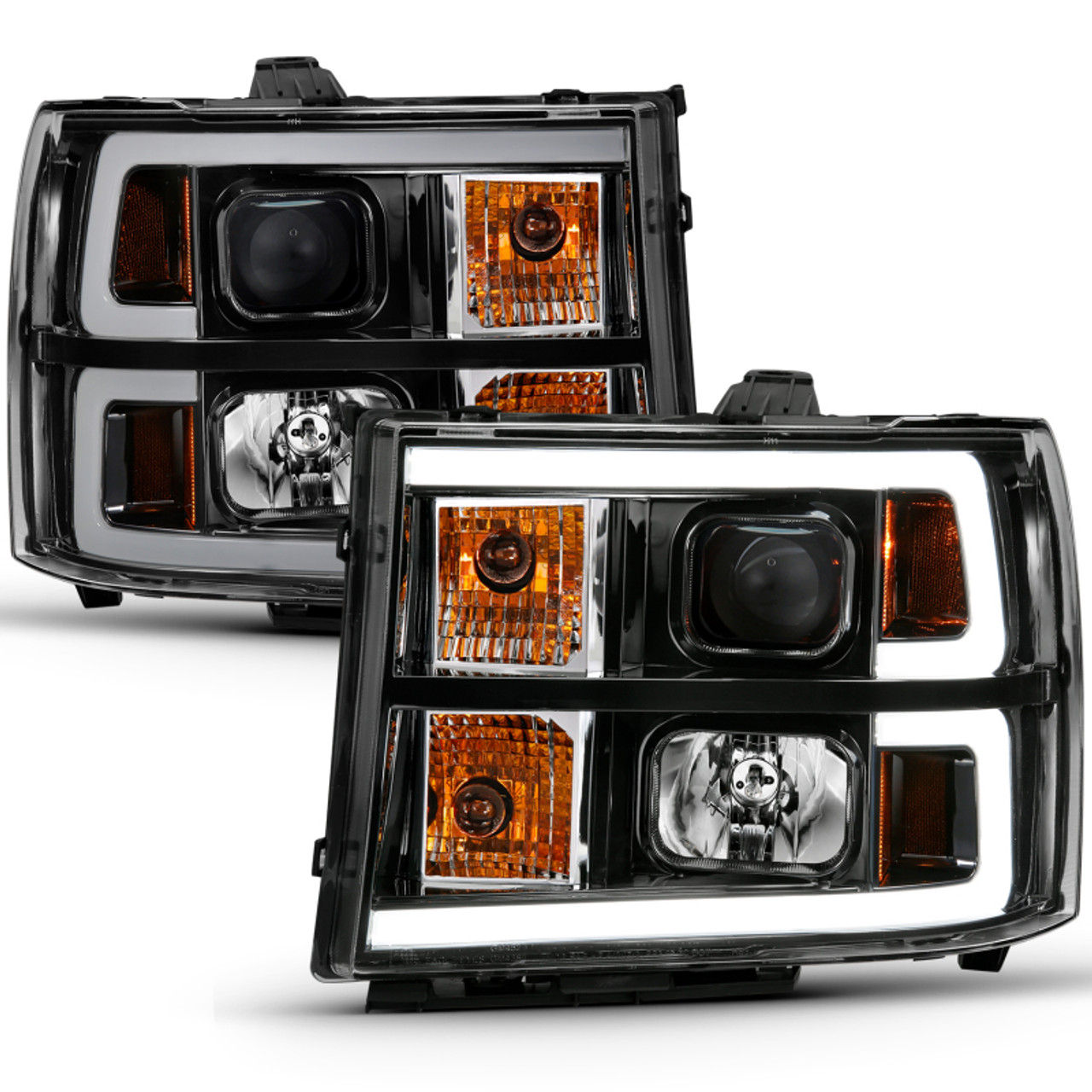 ANZO 2007-2013 Gmc Sierra 1500 Projector Headlight Plank Style Black w/ Clear Lens Amber - 111482