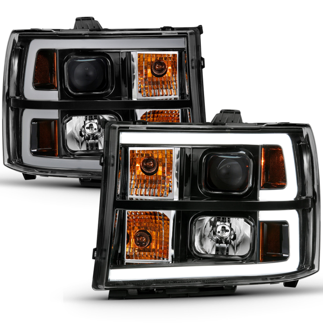 ANZO 2007-2013 Gmc Sierra 1500 Projector Headlight Plank Style Black w/ Clear Lens Amber - 111482