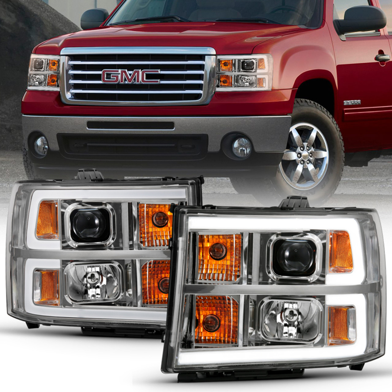 ANZO 2007-2013 Gmc Sierra 1500 Projector Headlight Plank Style Chrome w/ Clear Lens Amber - 111483