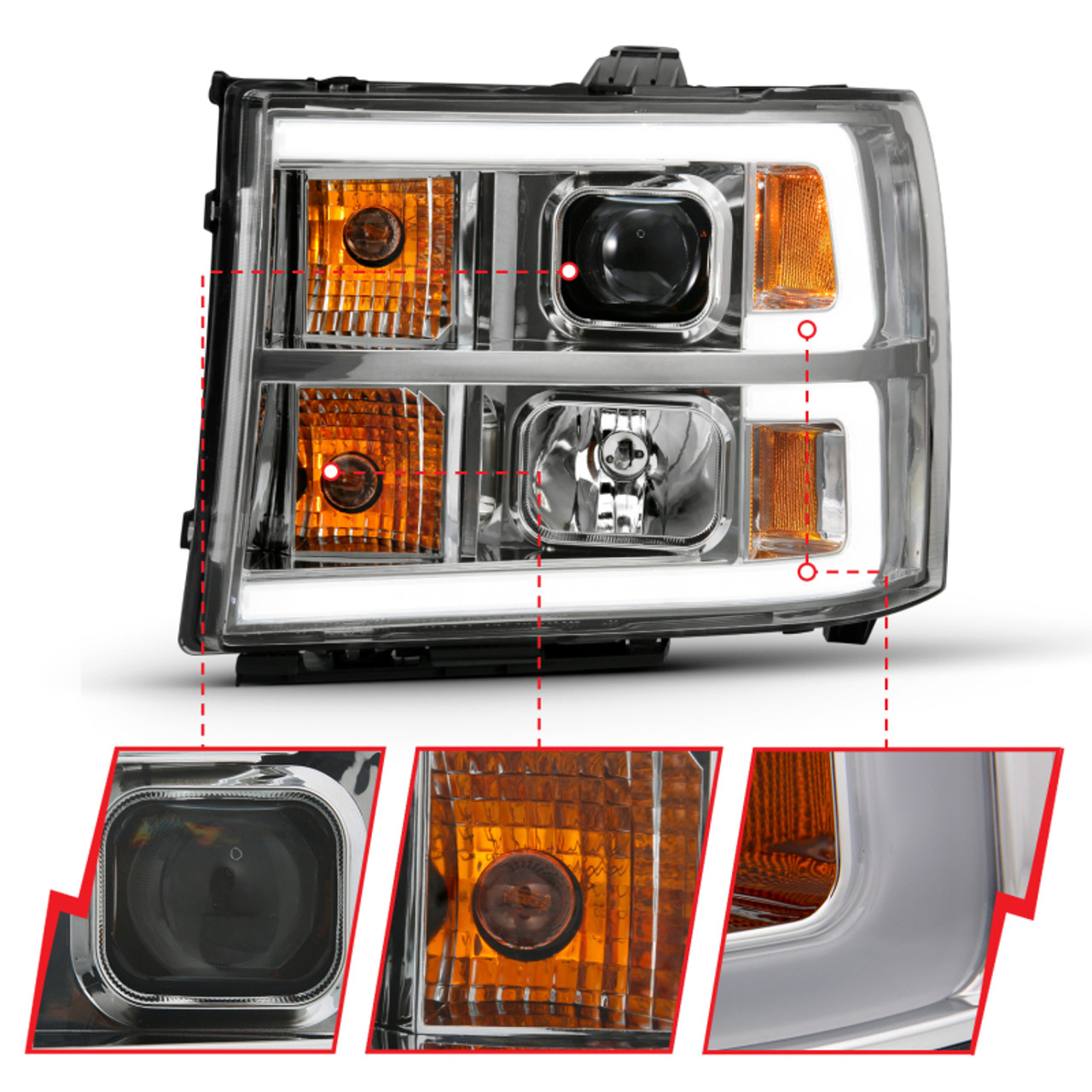 ANZO 2007-2013 Gmc Sierra 1500 Projector Headlight Plank Style Chrome w/ Clear Lens Amber - 111483