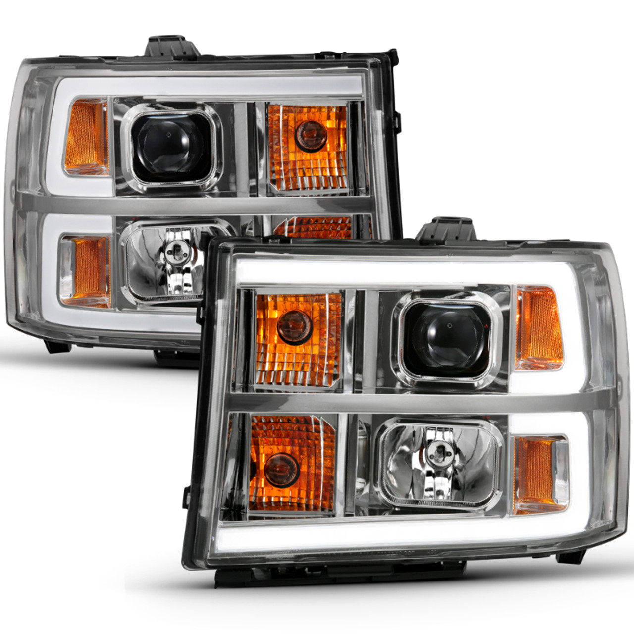 ANZO 2007-2013 Gmc Sierra 1500 Projector Headlight Plank Style Chrome w/ Clear Lens Amber - 111483