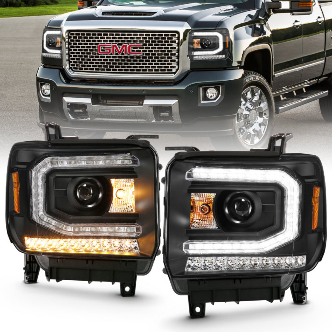 ANZO 2016-2019 Gmc Sierra 1500 Projector Headlight Plank Style Black w/ Sequential Amber Signal - 111485