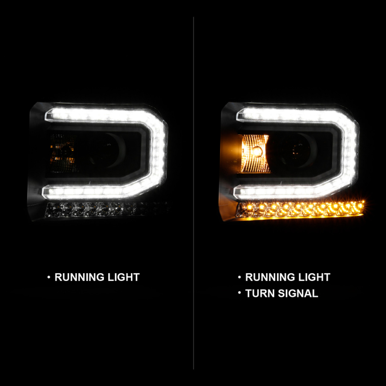 ANZO 2016-2019 Gmc Sierra 1500 Projector Headlight Plank Style Black w/ Sequential Amber Signal - 111485