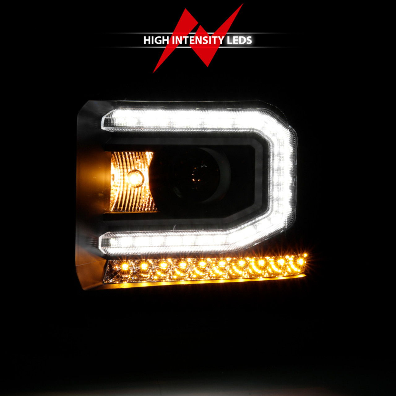 ANZO 2016-2019 Gmc Sierra 1500 Projector Headlight Plank Style Black w/ Sequential Amber Signal - 111485