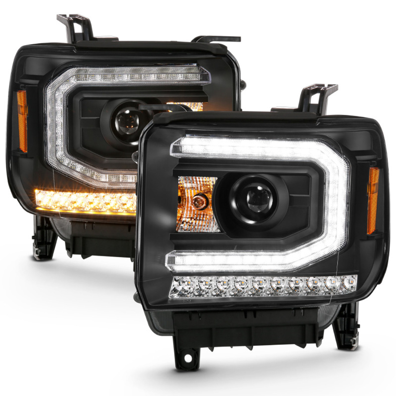 ANZO 2016-2019 Gmc Sierra 1500 Projector Headlight Plank Style Black w/ Sequential Amber Signal - 111485