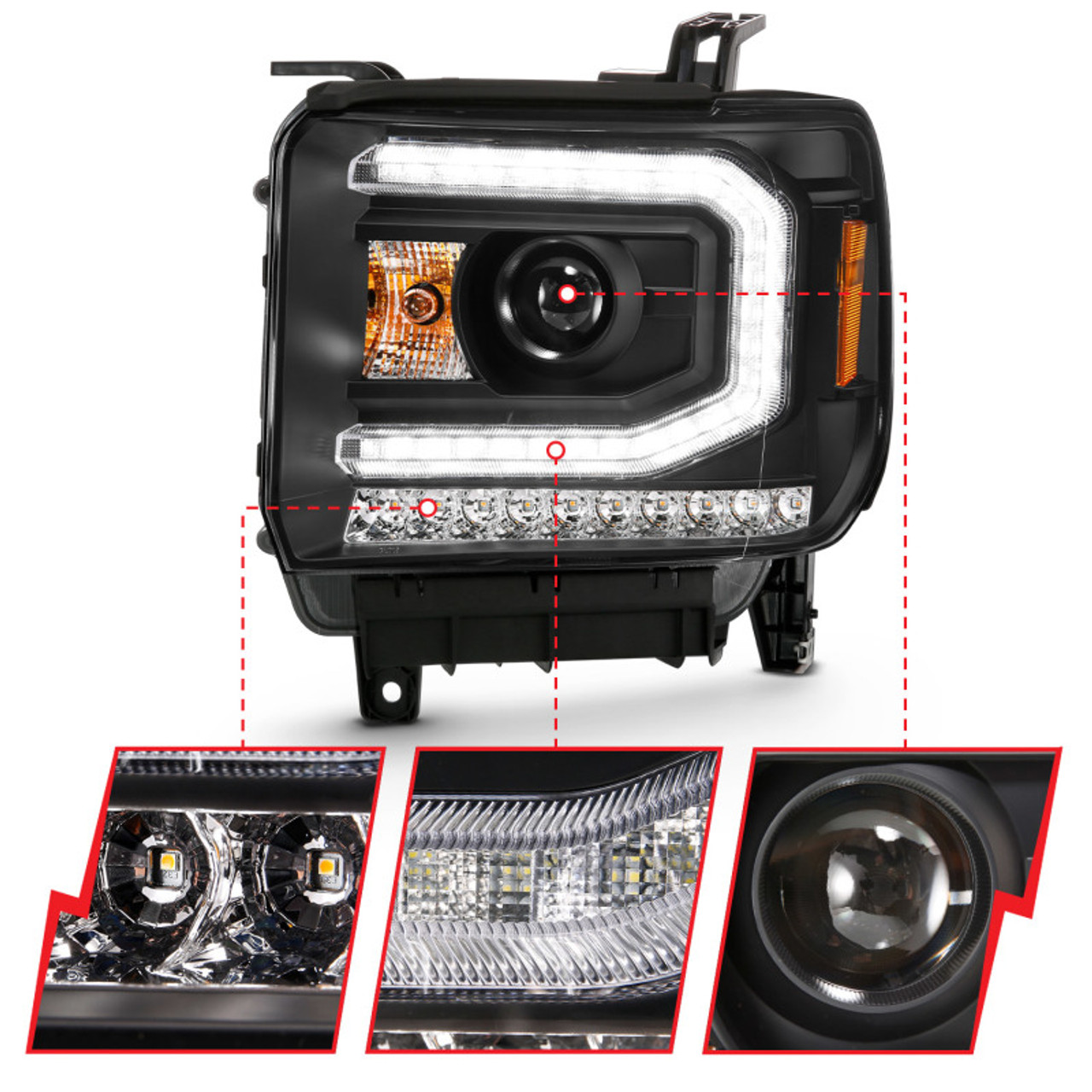 ANZO 2016-2019 Gmc Sierra 1500 Projector Headlight Plank Style Black w/ Sequential Amber Signal - 111485