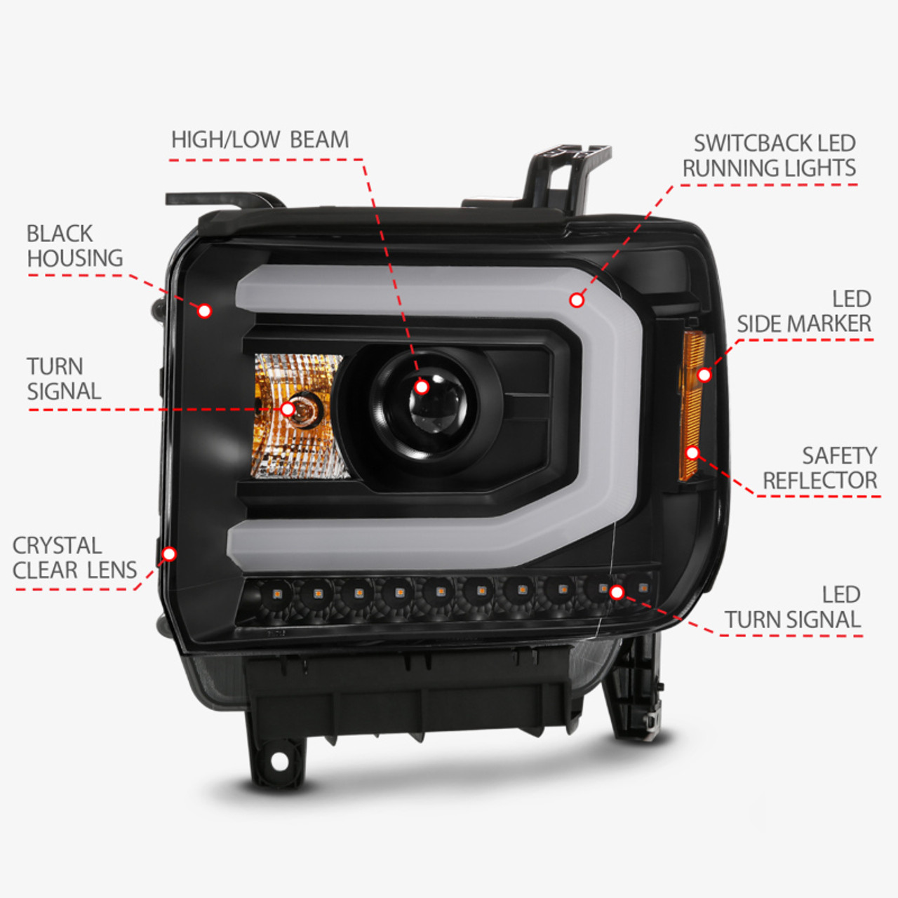 ANZO GMC SIERRA 1500 14-15 2500H/15-19 Projector Headlight Plank Style Black w/ Switchback (Halogen) - 111487
