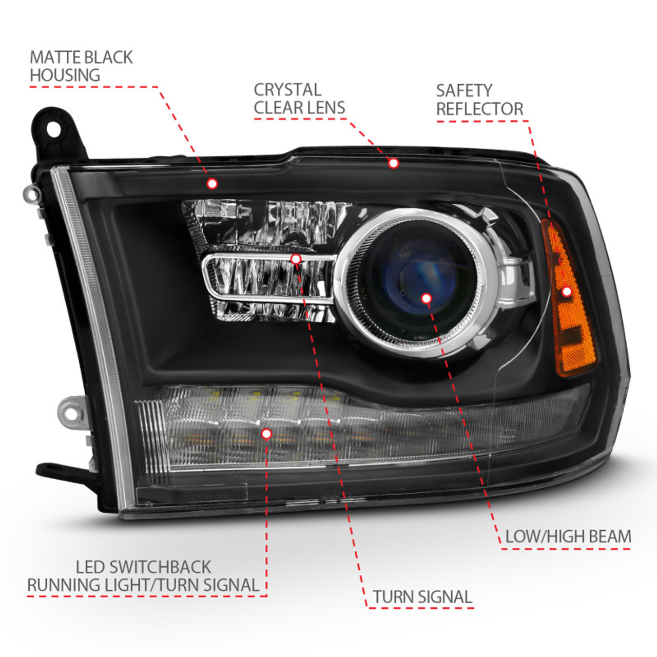 ANZO 2009-2018 Dodge Ram 1500 Projector Headlights Plank Style Halo w/Switchback Matte Black - 111489