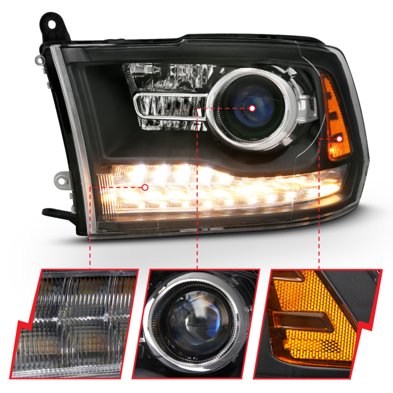 ANZO 2009-2018 Dodge Ram 1500 Projector Headlights Plank Style Halo w/Switchback Matte Black - 111489