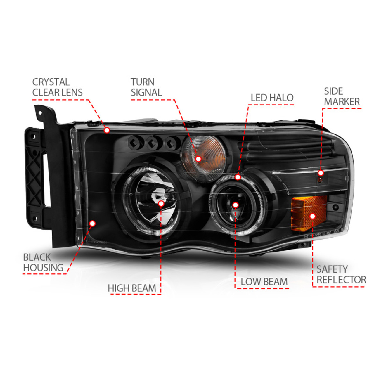 ANZO 2002-2005 Dodge Ram 1500 Projector Headlights w/ Halo Black Clear Amber - 111490