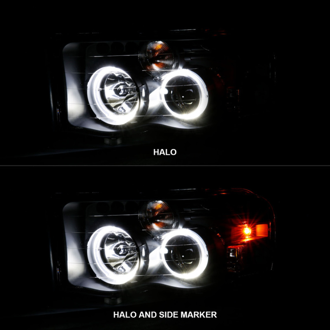 ANZO 2002-2005 Dodge Ram 1500 Projector Headlights w/ Halo Black Clear Amber - 111490