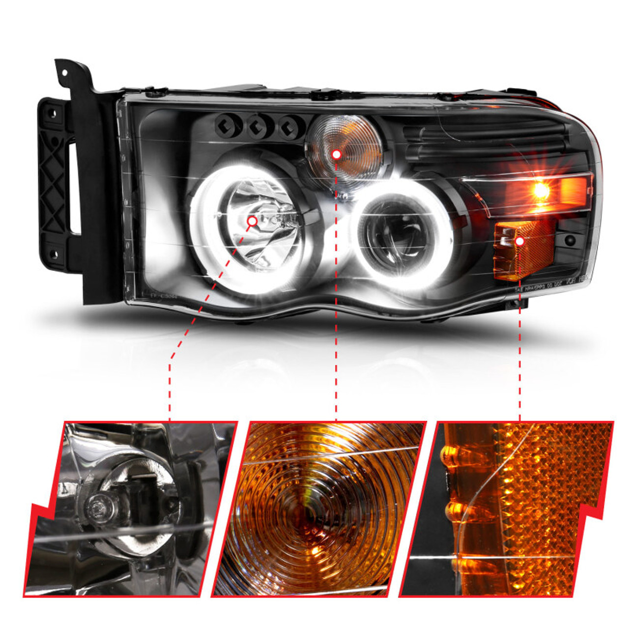 ANZO 2002-2005 Dodge Ram 1500 Projector Headlights w/ Halo Black Clear Amber - 111490