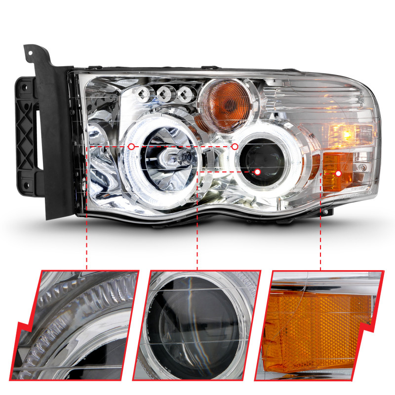 ANZO 2002-2005 Dodge Ram 1500 Projector Headlights w/ Halo Chrome Clear Amber - 111491