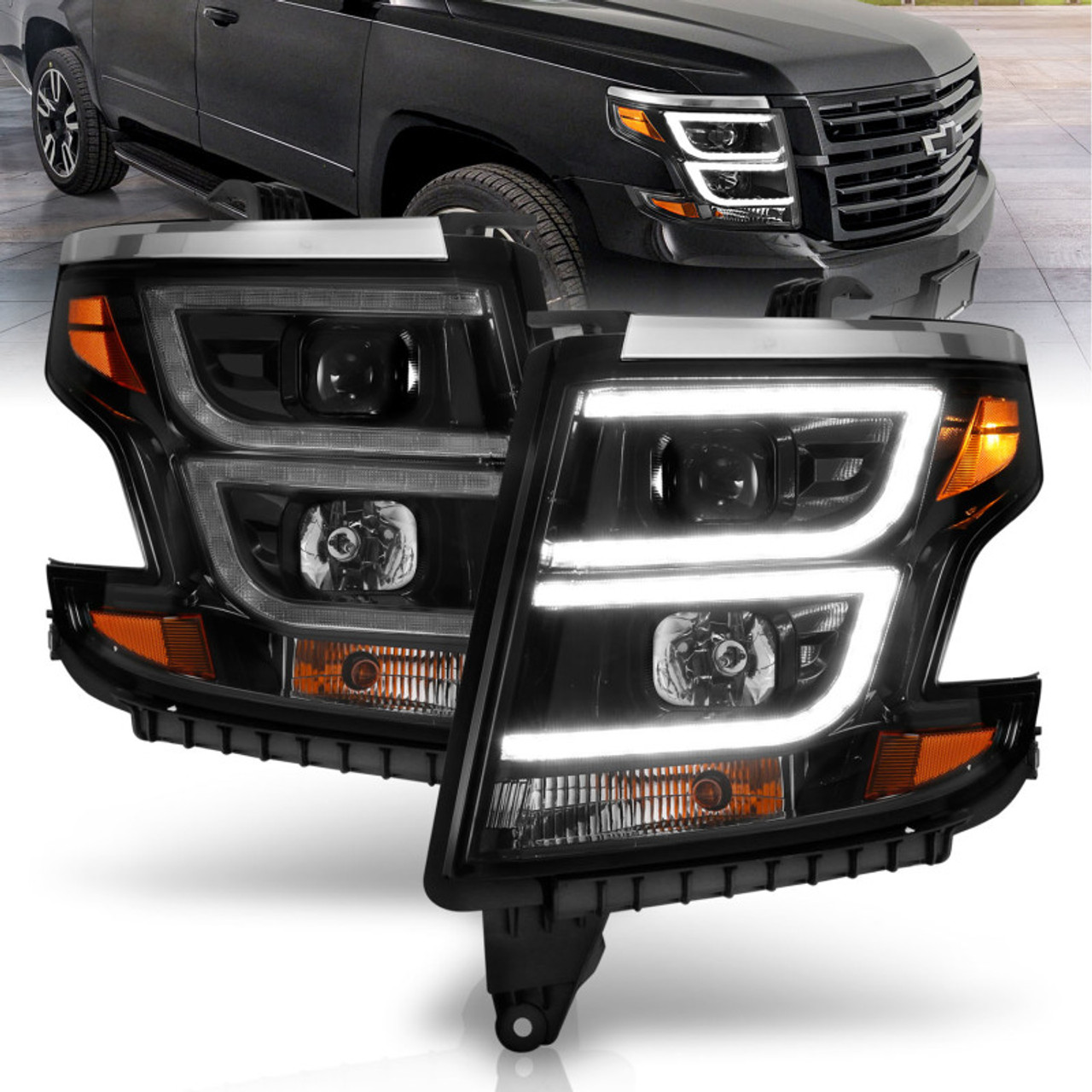 ANZO 2015-2020 Chevy Tahoe Projector Headlights Plank Style Black w/DRL - 111492
