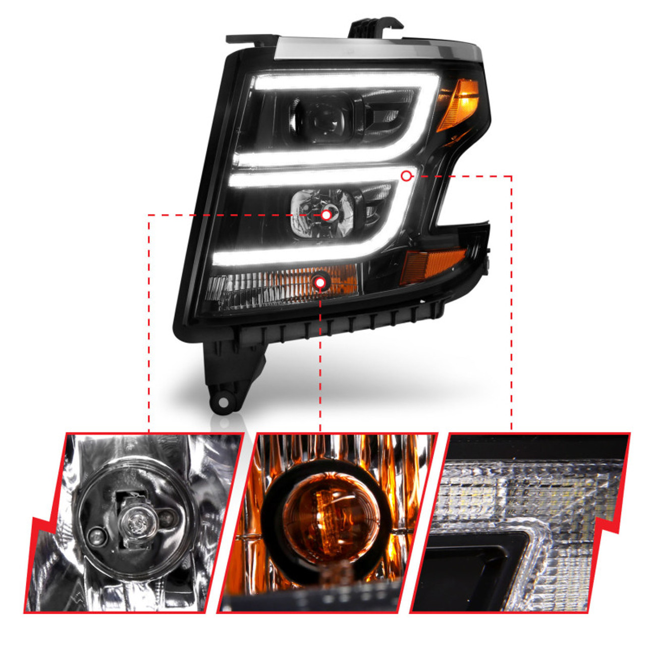 ANZO 2015-2020 Chevy Tahoe Projector Headlights Plank Style Black w/DRL - 111492
