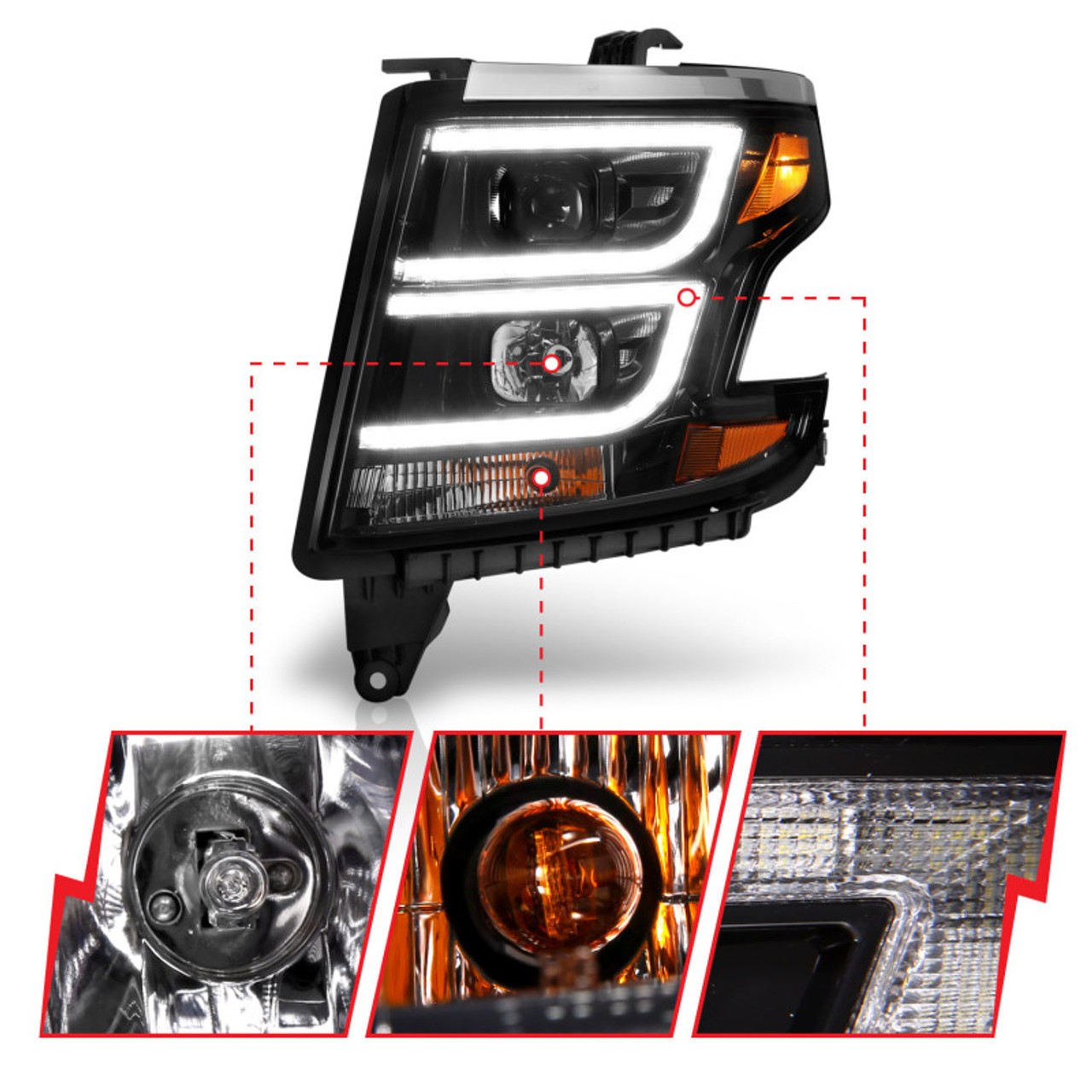 ANZO 2015-2020 Chevy Tahoe Projector Headlights Plank Style Black w/DRL - 111492